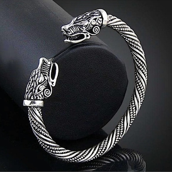 Sterling Silver Plated Serpent Viking Wolf Head Cuff Bracelet - Picture 2 of 8